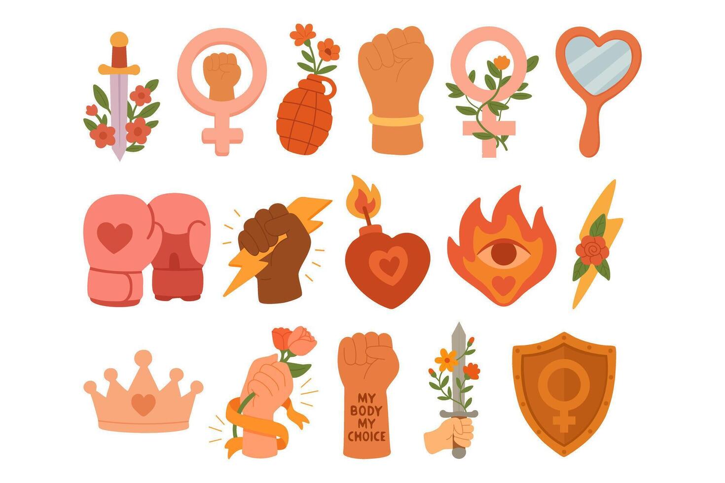 Set of 18 bold feminist elements in cartoon flat style. Includes fists, symbols, weapons, hearts, and flowers. Perfect for stickers, posters, apparel, and digital art. vector