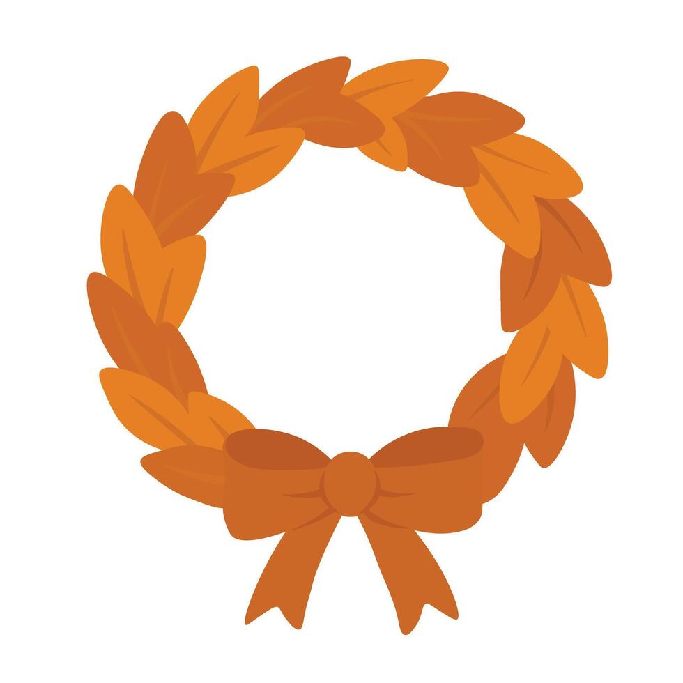 Cartoon flat wreath made of orange leaves with ribbon bow. Cozy festive autumn decoration element. vector