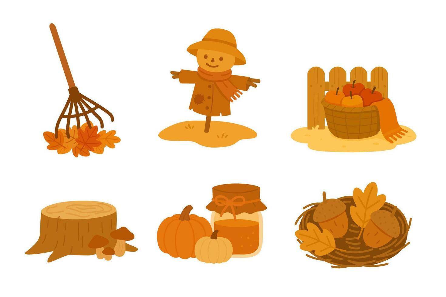 flat doodle set with scarecrow, leaves, apples, pumpkins, stump, honey and acorns. vector