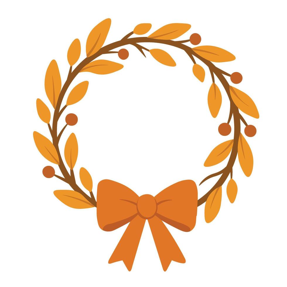 Cartoon flat illustration of autumn wreath with leaves, berries and bow. Cozy seasonal home decor. vector