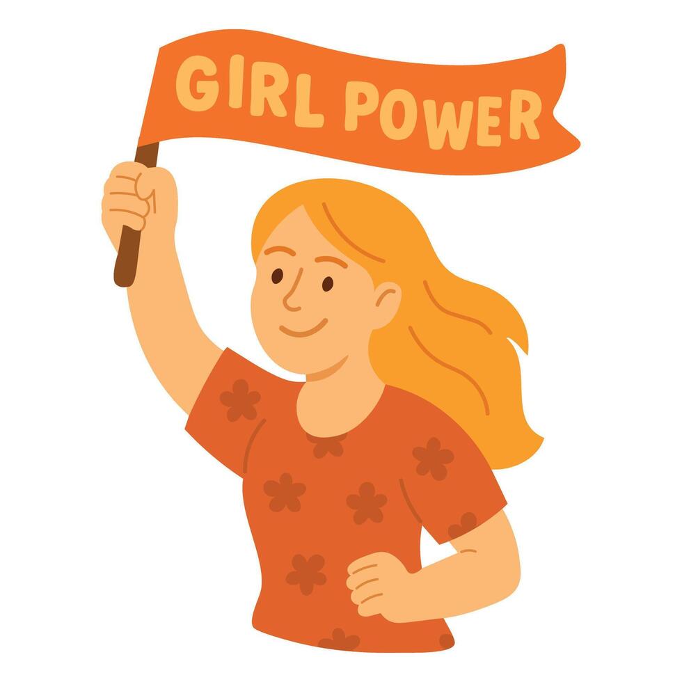 Smiling girl with blonde hair holding a waving Girl Power flag, wearing a floral shirt in cartoon style. vector