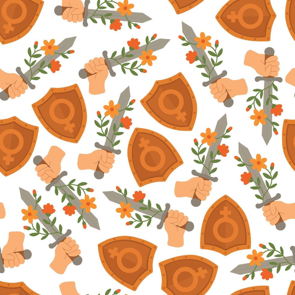 Seamless pattern with hands holding floral swords and feminist shields, symbolizing strength and peace. vector