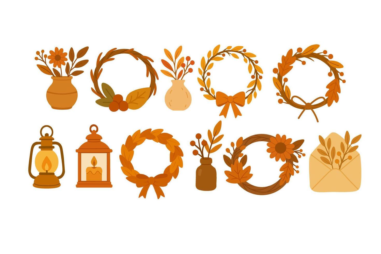 Cozy autumn decor elements with wreaths, lanterns and bouquets in warm seasonal colors. vector