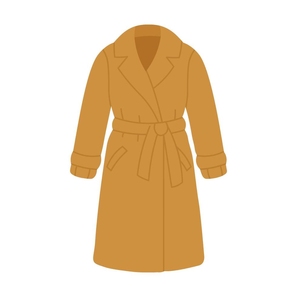 Cartoon flat illustration of mustard trench coat with belt and pockets. Stylish autumn outerwear piece. vector