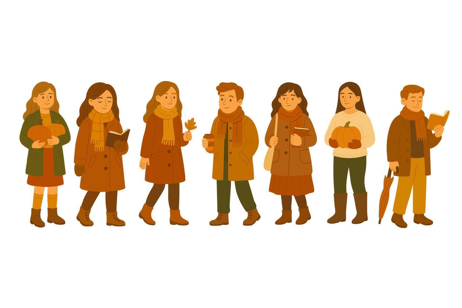flat doodle set with autumn characters in cozy clothes holding pumpkins, books and drinks. vector
