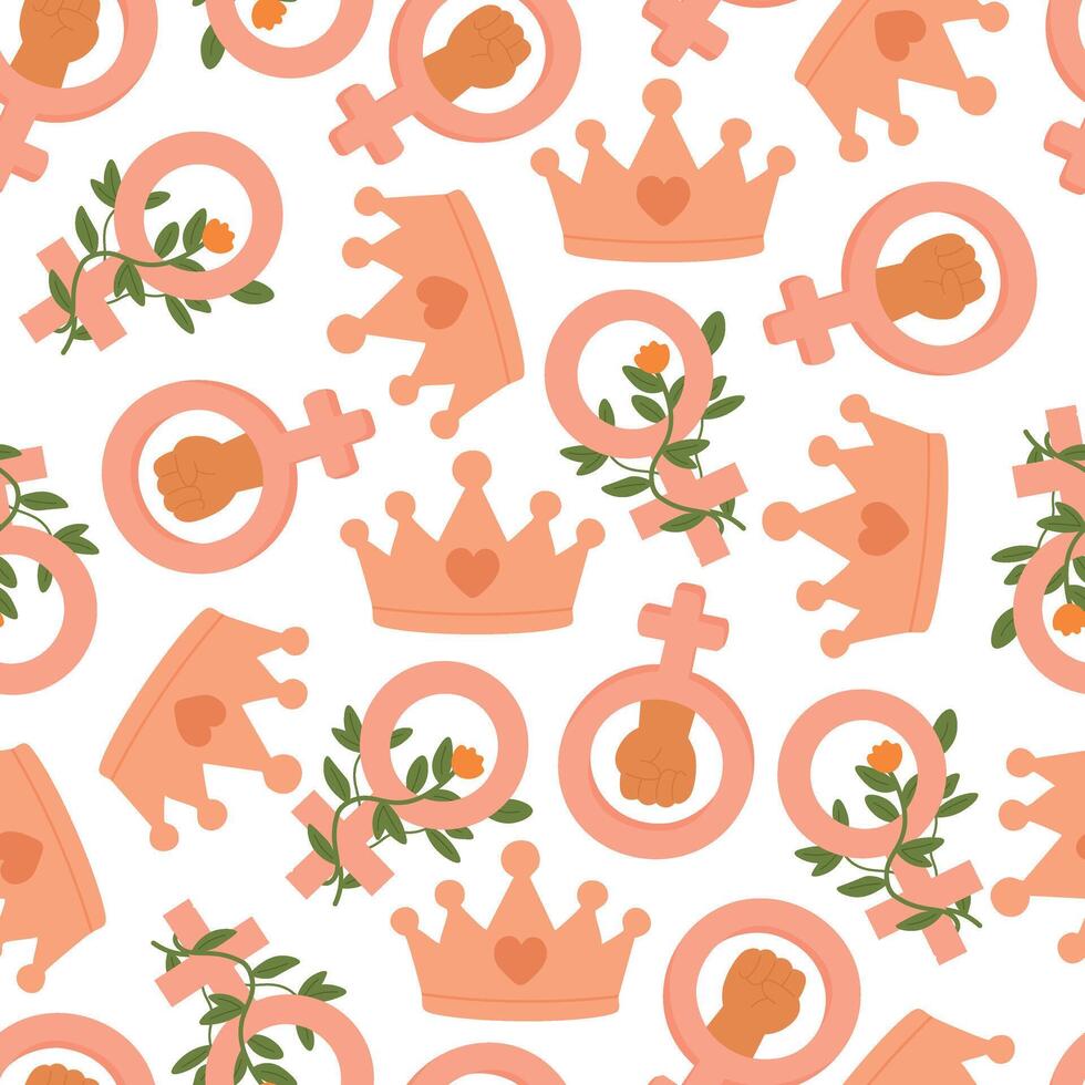 Seamless pattern with female symbols, fists, crowns and flowers, representing feminism, empowerment and beauty. vector