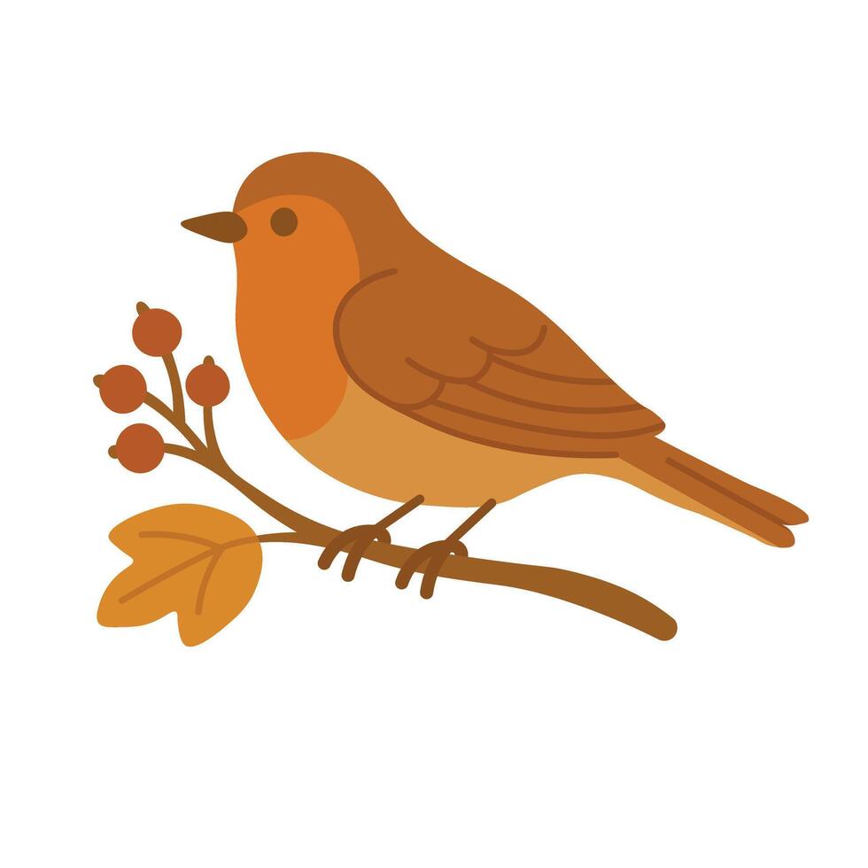 Small cartoon bird sitting on autumn branch with berries and leaf. Cute and cozy style. vector