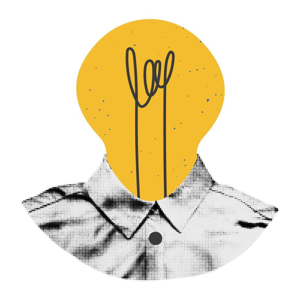 Trendy halftone collage element. Person, businessman, expert with light bulb instead head. Idea, brainstorming, problem solution concept Modern retro sticker for mixed media design illustration vector