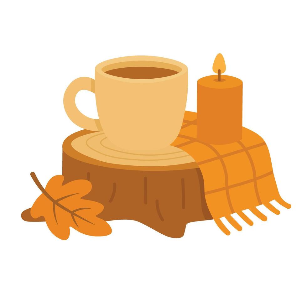 Warm flat illustration with tea cup, candle, stump and leaf in autumn color palette. vector