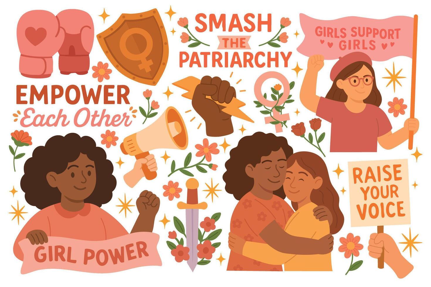 Diverse feminist clipart set with empowering women, protest signs, flowers, lightning, and banners in warm cartoon style. vector