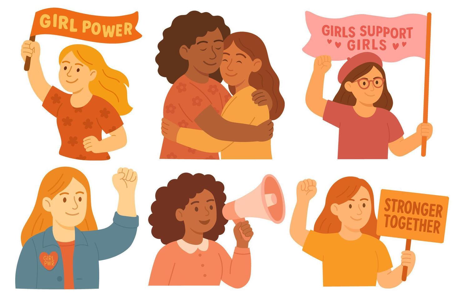 Set of 6 confident and diverse girls in expressive poses with protest signs, flags, and megaphones. Ideal for feminist designs, campaigns, stickers, and educational graphics. vector