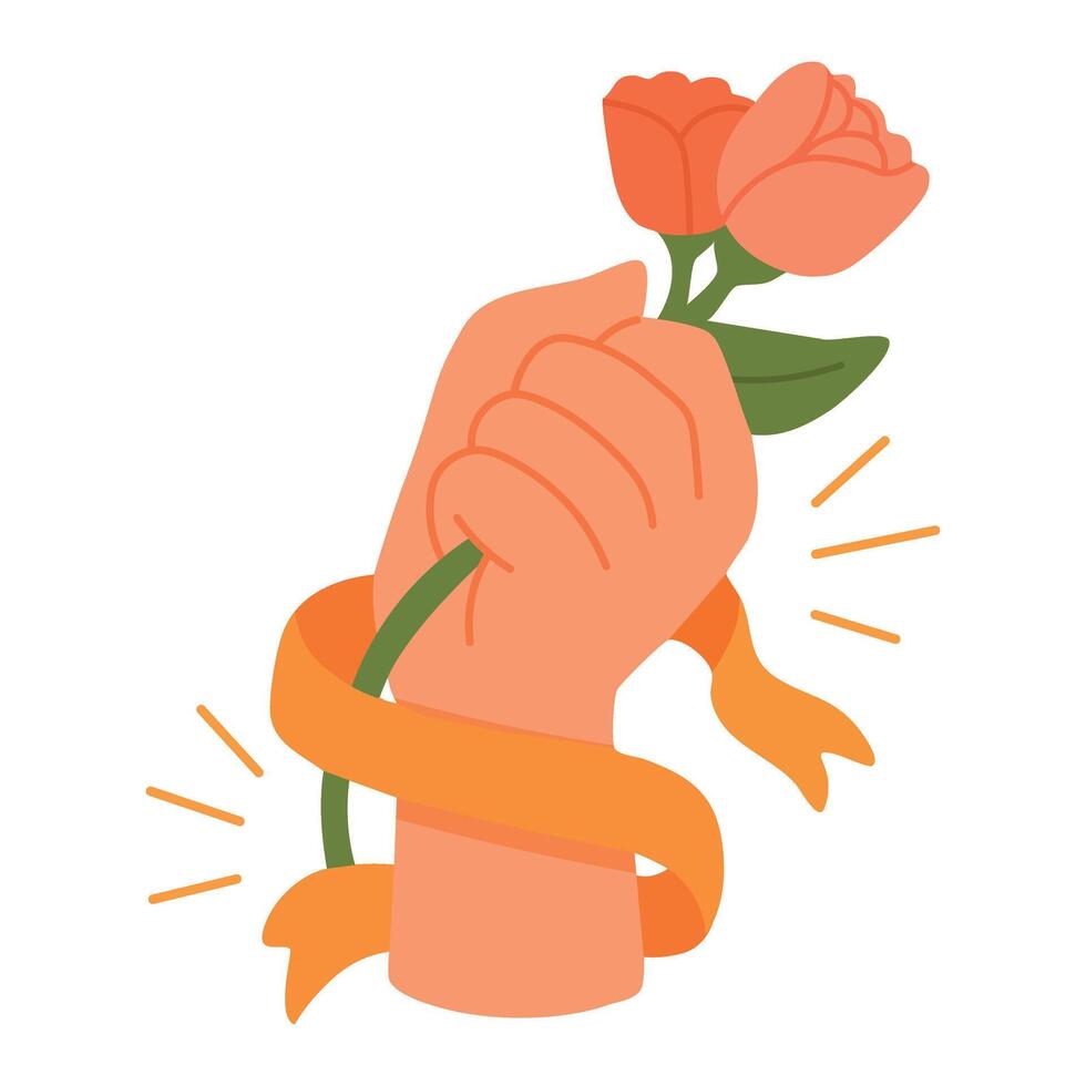 Cartoon hand holding flowers with orange ribbon, symbol of strength, tenderness and female power. vector