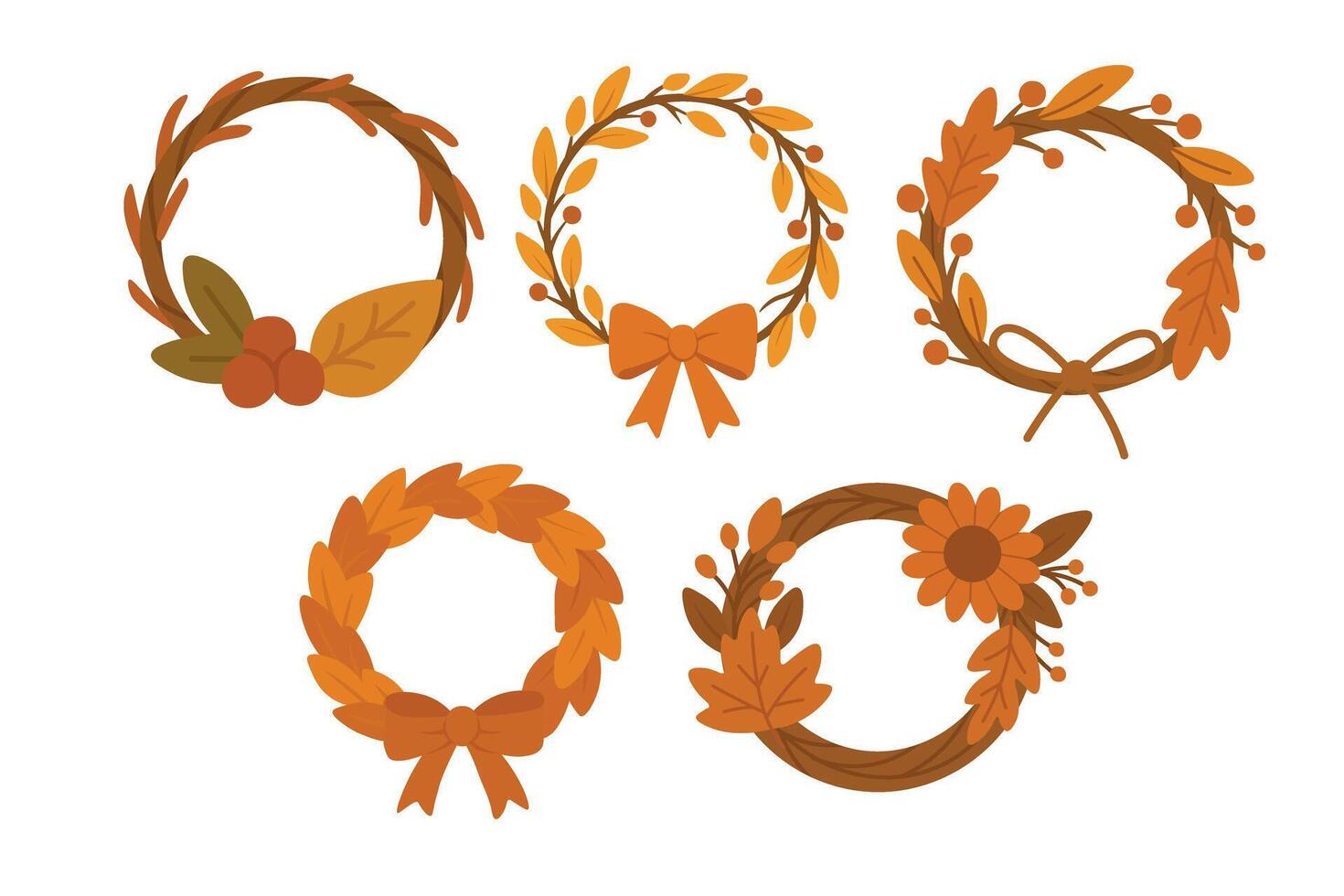 Hand drawn fall wreaths with leaves, berries, bows and flowers in warm autumn colors. vector