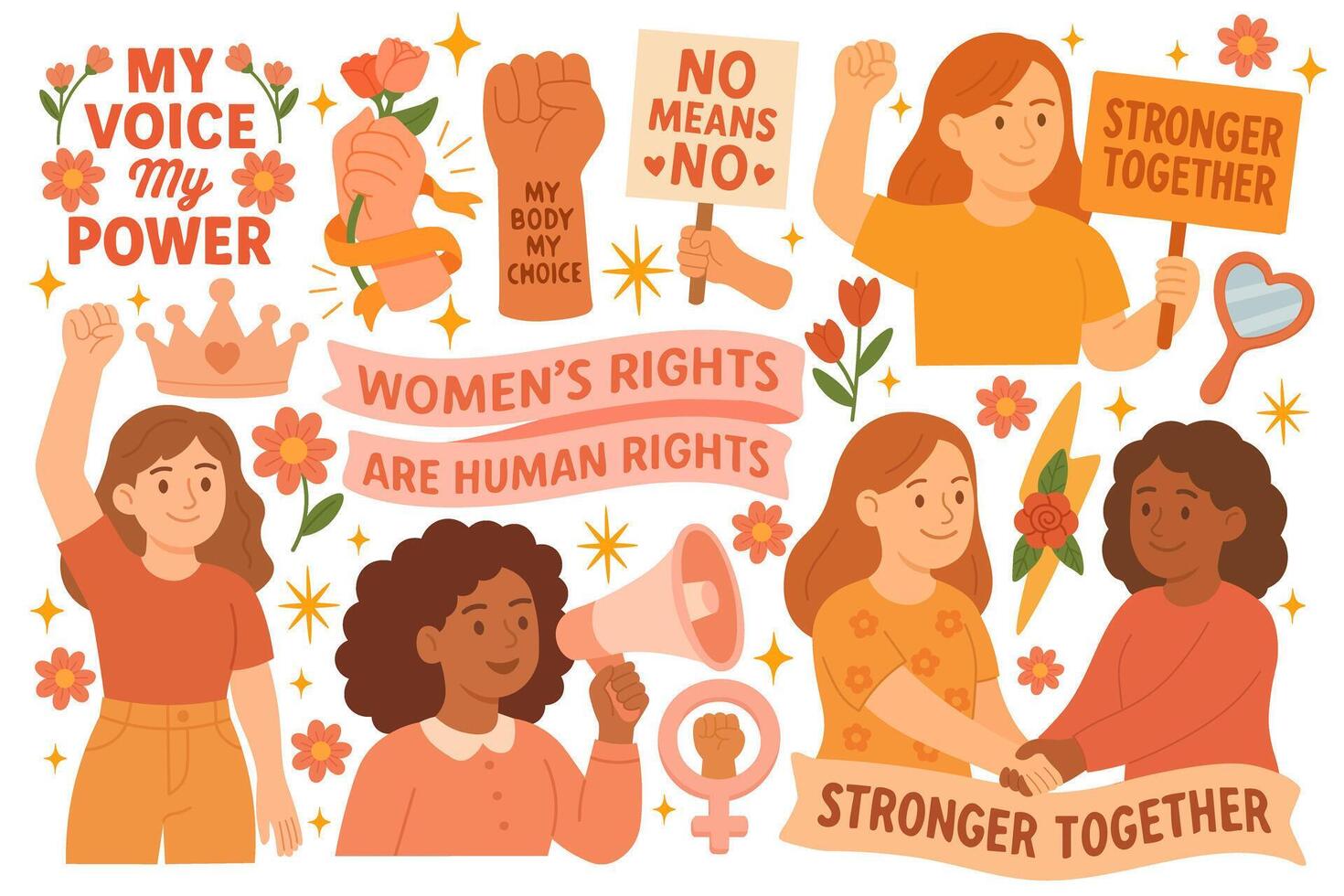 Poster2Empowering clipart set with women, slogans, flowers, and protest elements in warm, flat cartoon style. vector