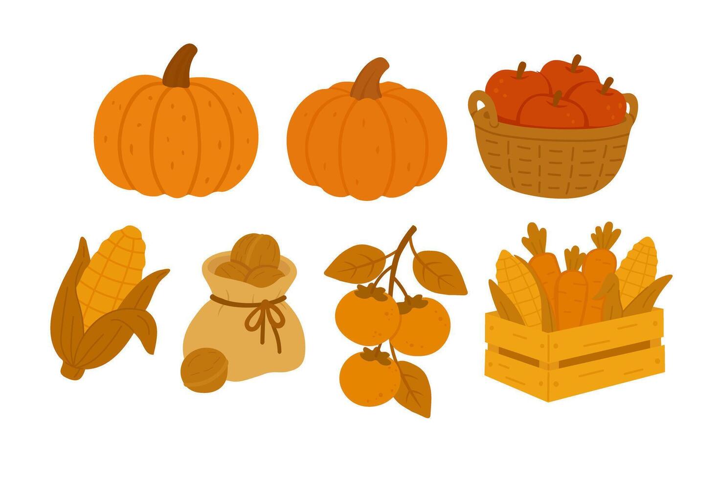 doodle collection of fall harvest fruits and vegetables in warm seasonal colors. vector
