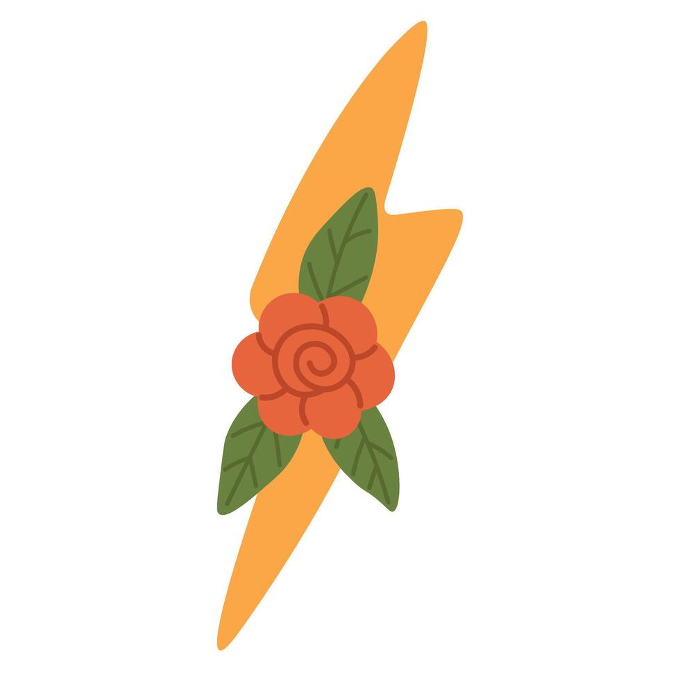 Flat cartoon lightning bolt with red flower and green leaves, symbol of beauty and fierce energy. vector