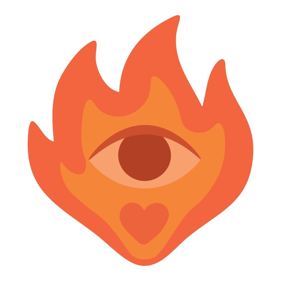 Flat cartoon eye inside orange flame with heart, symbol of vision, passion and fearless awareness. vector