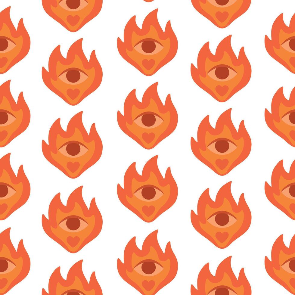 Seamless pattern with stylized eyes in flames and heart shapes, evoking strength, passion and awareness. vector
