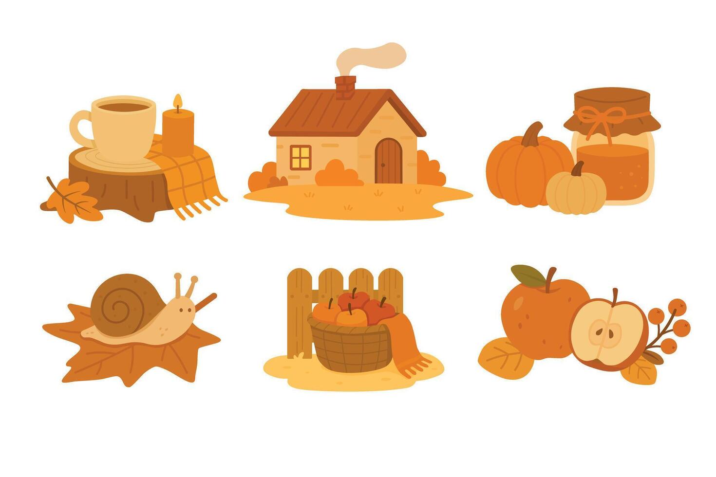 flat doodle set of autumn objects like house, apples, pumpkins, tea, snail, leaves. vector