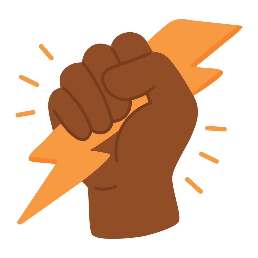Cartoon hand gripping yellow lightning bolt, symbol of resistance, power and unstoppable energy. vector