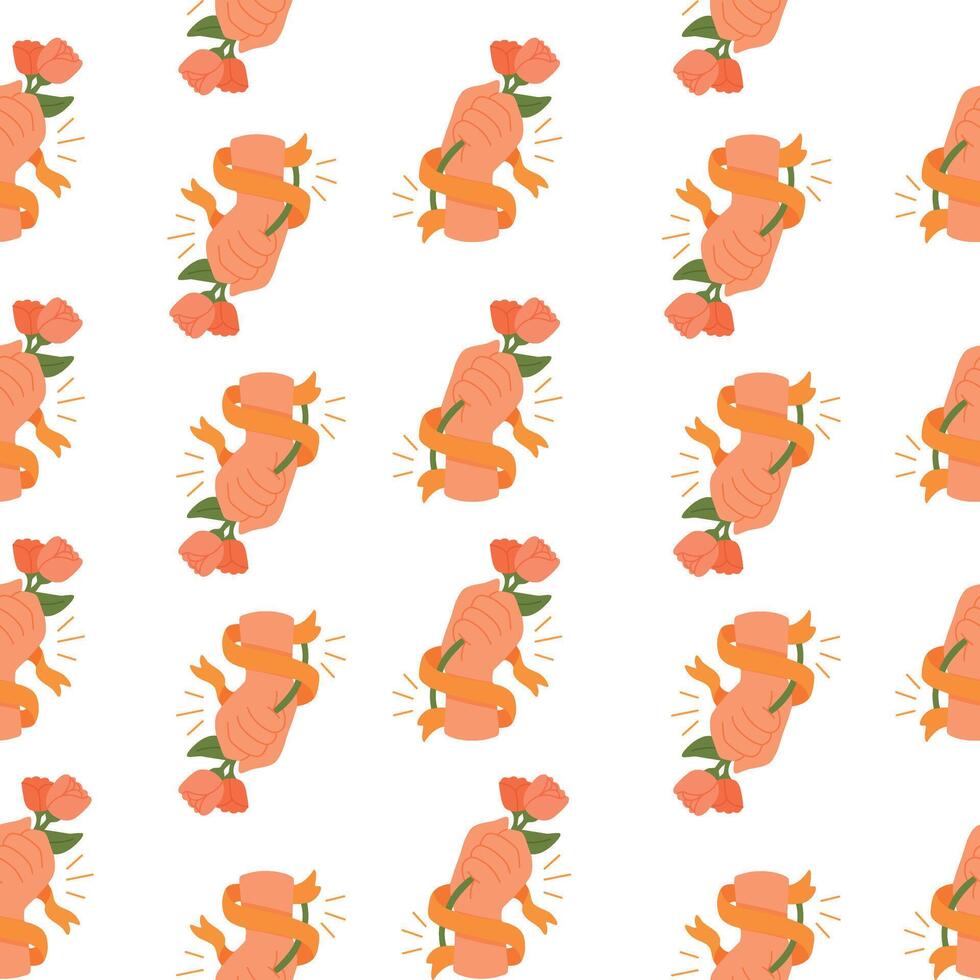 Seamless pattern with raised fists holding roses and wrapped in ribbons, symbolizing strength, softness and solidarity. vector
