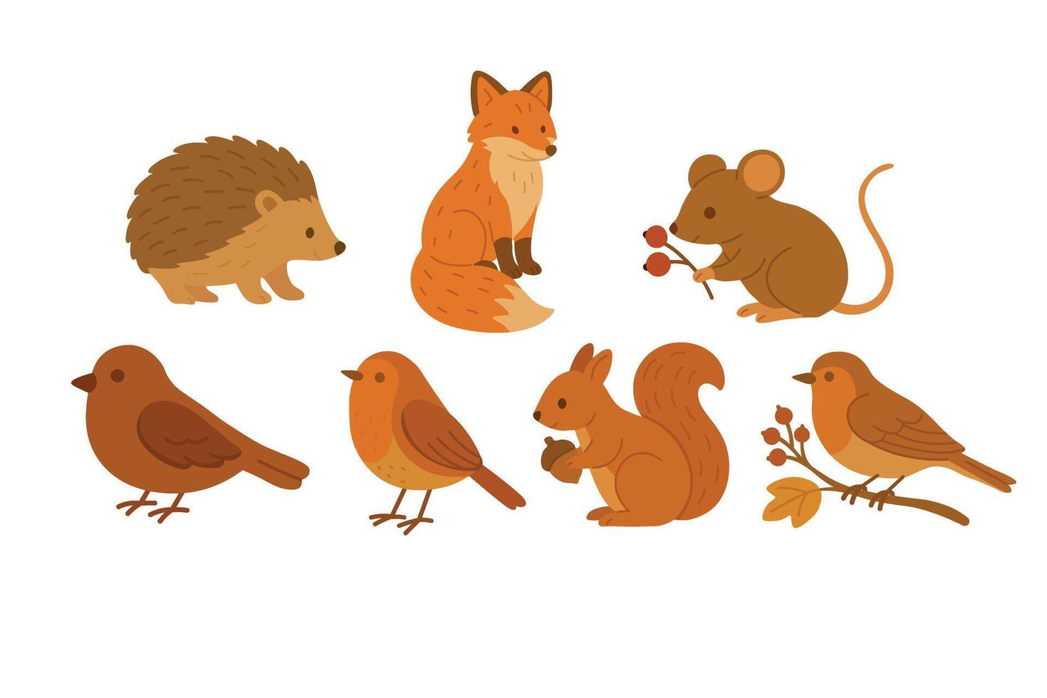 Cute forest animals in warm fall colors. Hedgehog, fox, birds, squirrel and mouse included.. vector