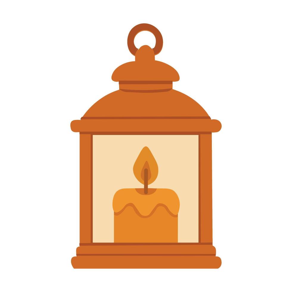 Cartoon flat lantern with burning candle inside. Cozy decorative autumn element with warm festive vibe. vector