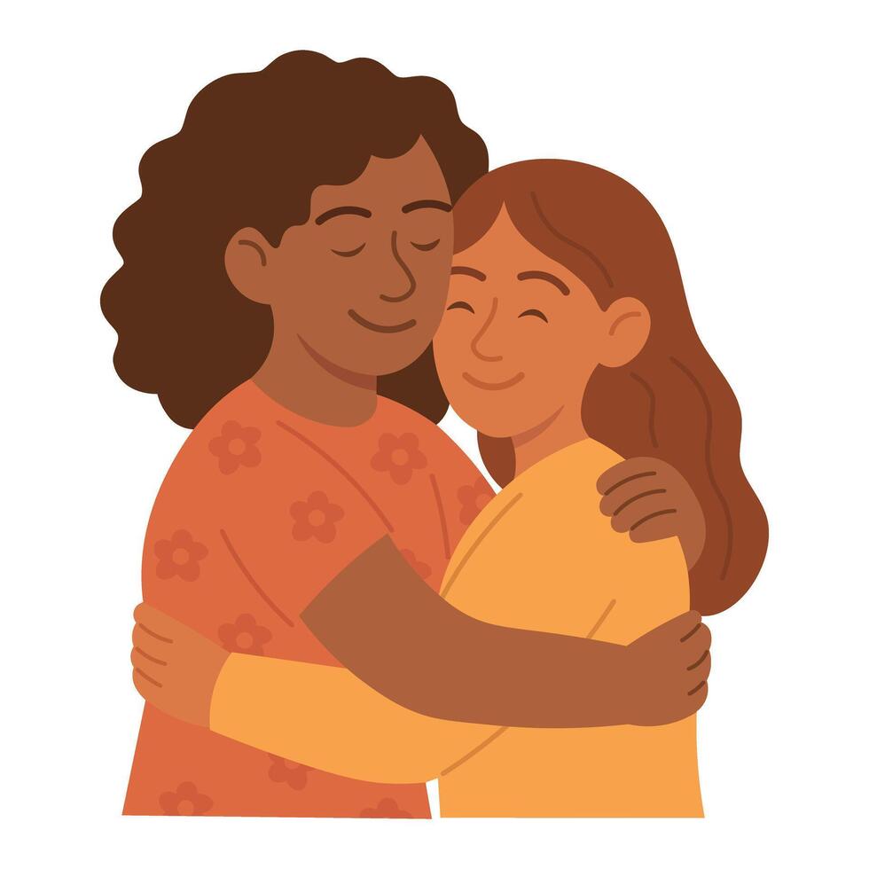 Two smiling women hugging each other with eyes closed, showing love, trust, and emotional support. vector