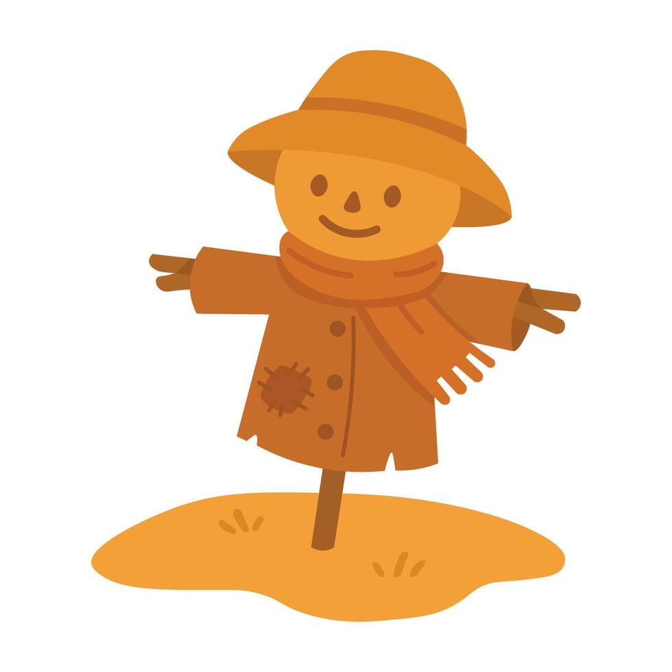 Cute autumn scarecrow in coat and hat with scarf. Warm seasonal cartoon illustration. vector