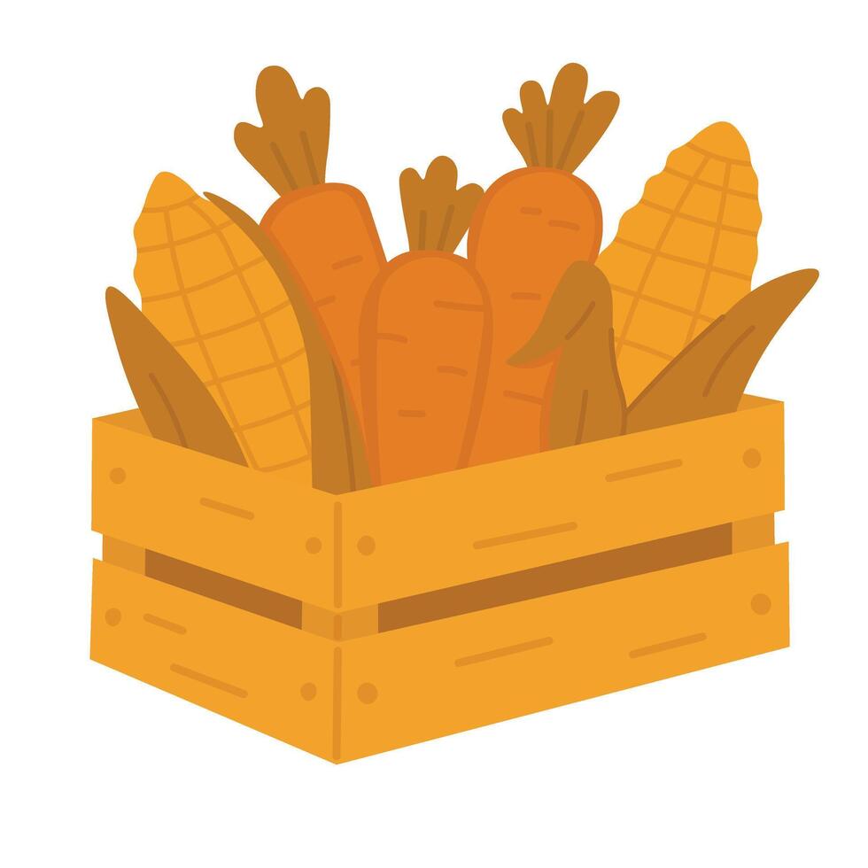 Flat cartoon wooden crate with corn and carrots. Colorful autumn harvest vegetable illustration. vector