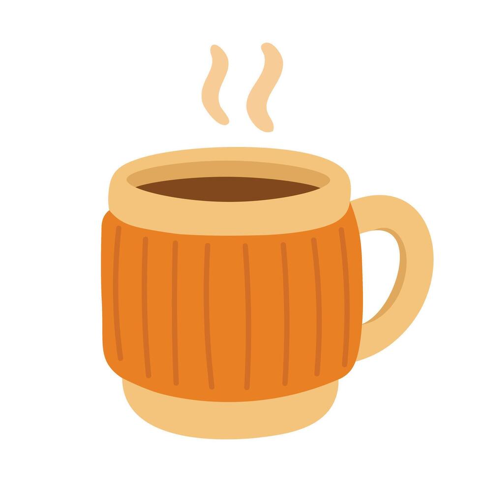 illustration of a cozy tea mug with knitted orange cover and steam. vector