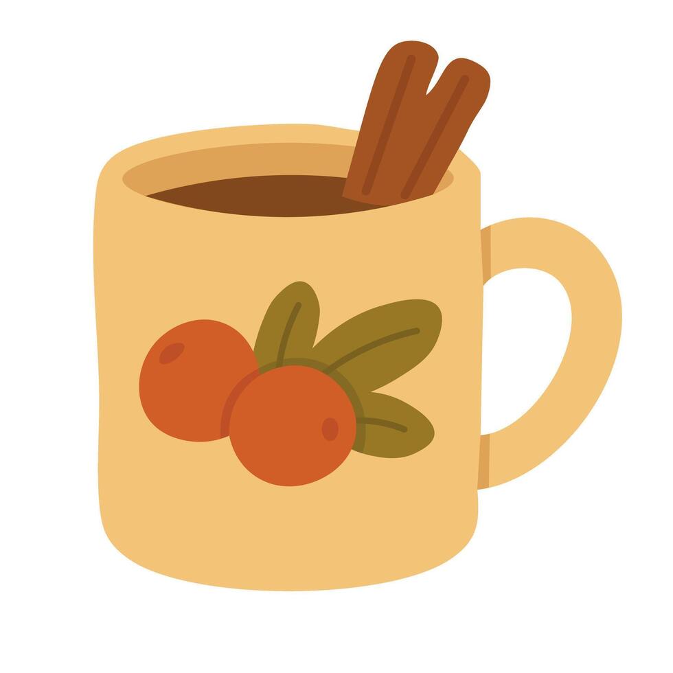 Flat of warm cup with cinnamon sticks and berry decoration in autumn palette. vector