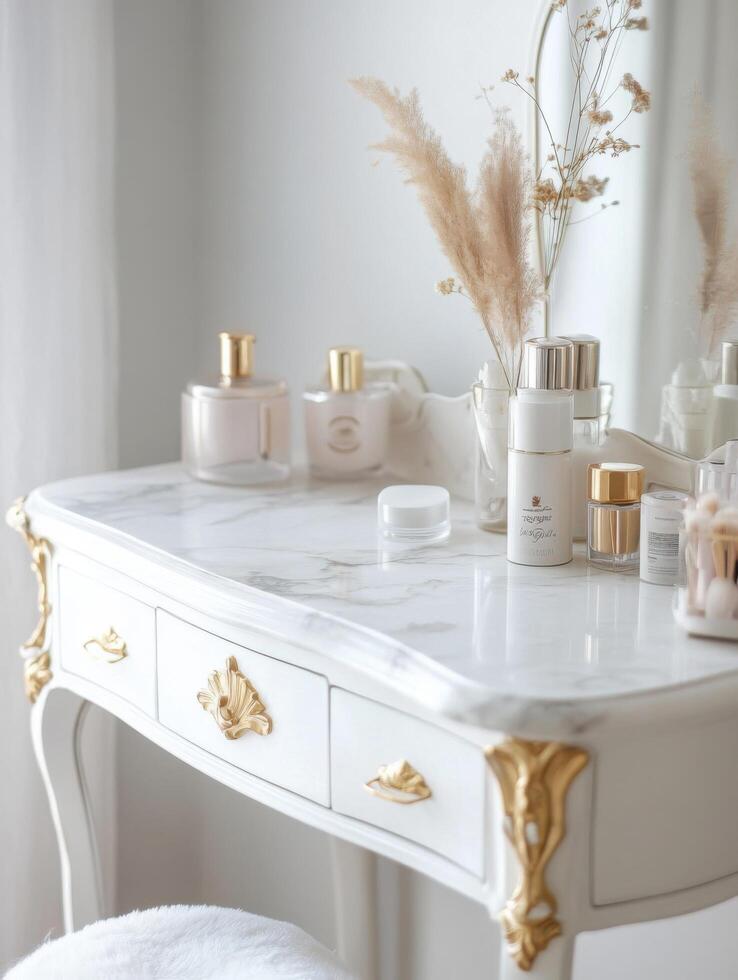 Luxurious Vintage Inspired Vanity with Marble and Gold Features photo