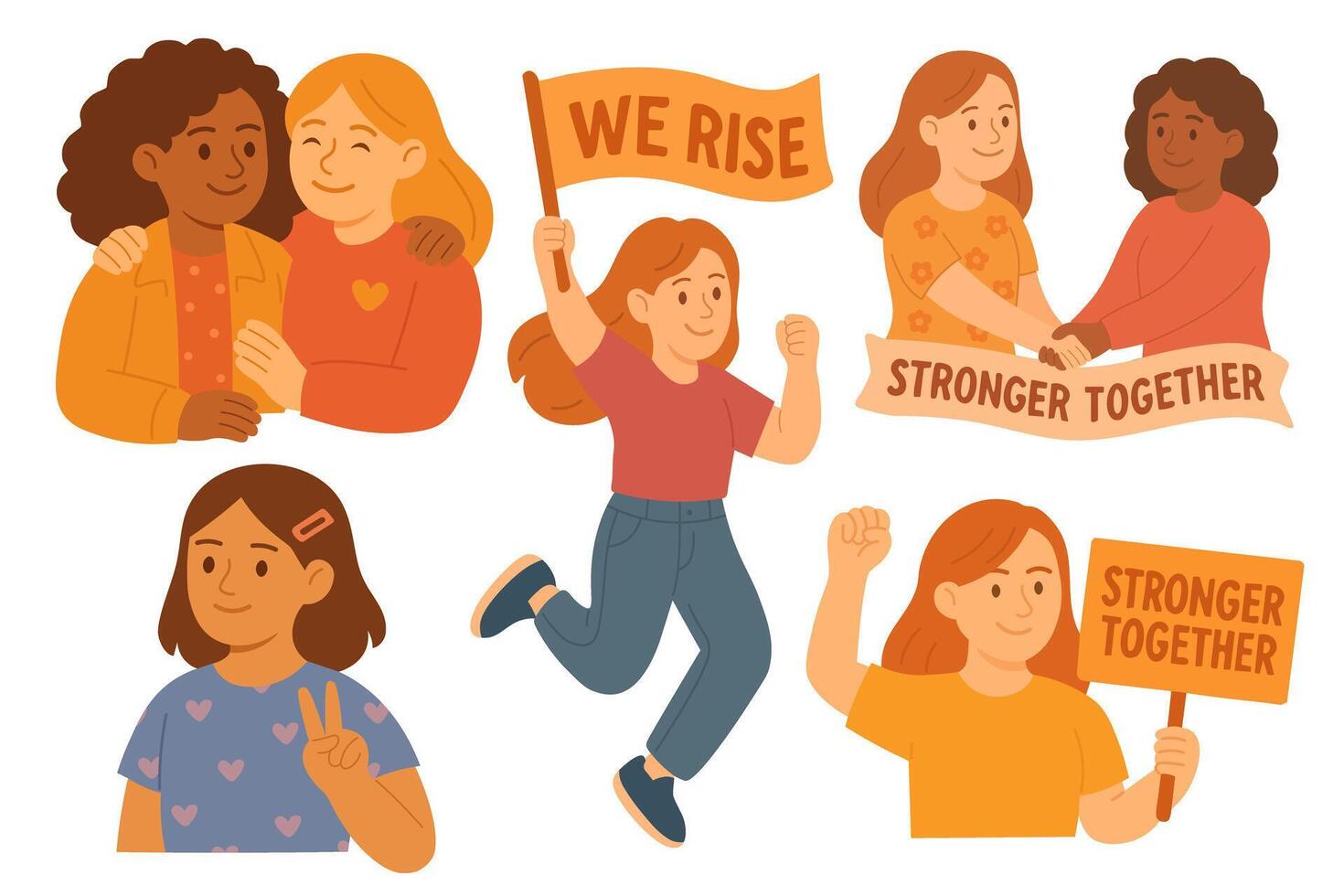 Bright and positive illustrations of girls showing support, unity, and action. Ideal for activism designs, posters, educational projects, and female empowerment themes. vector