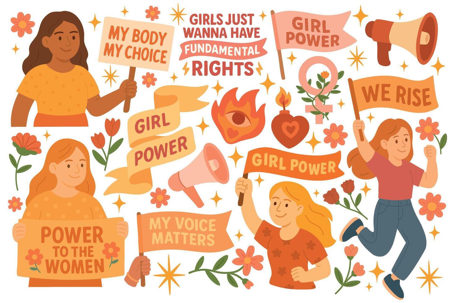 A bold clipart set with girls, banners, slogans, flags, megaphones, and protest symbols in warm cartoon style. vector