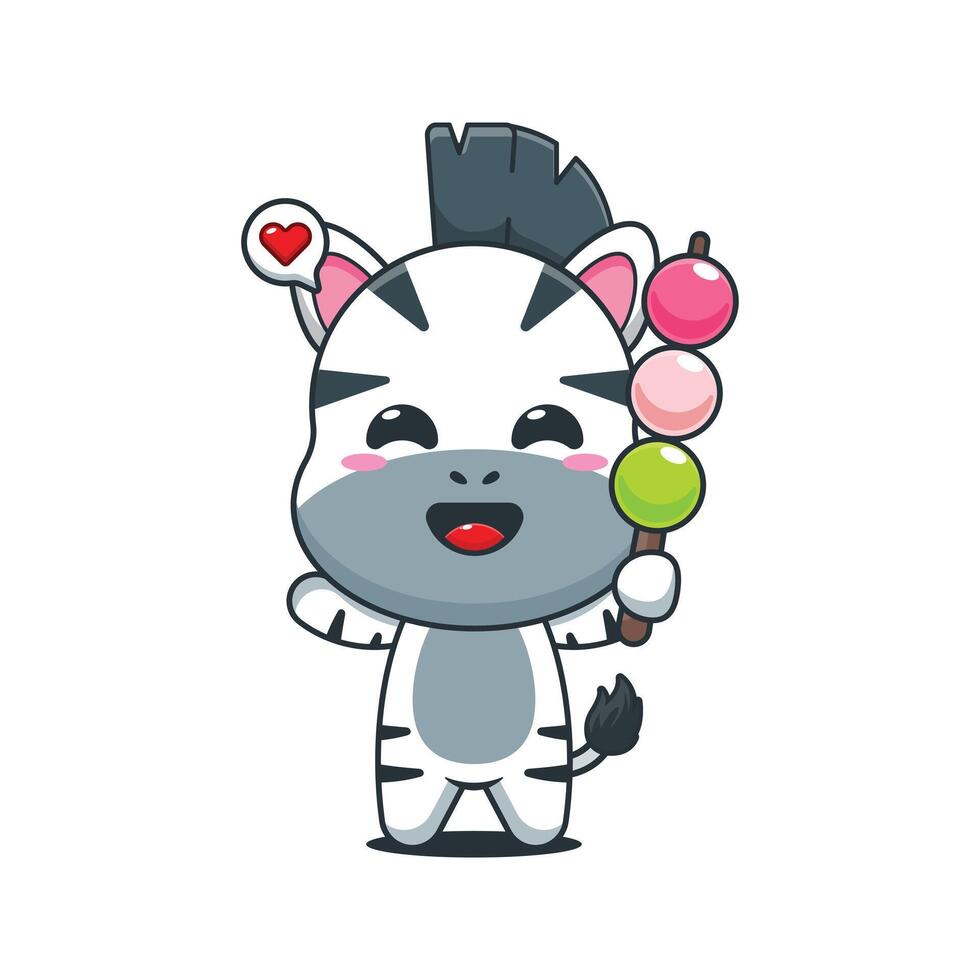 Cute zebra cartoon illustration eating dango vector
