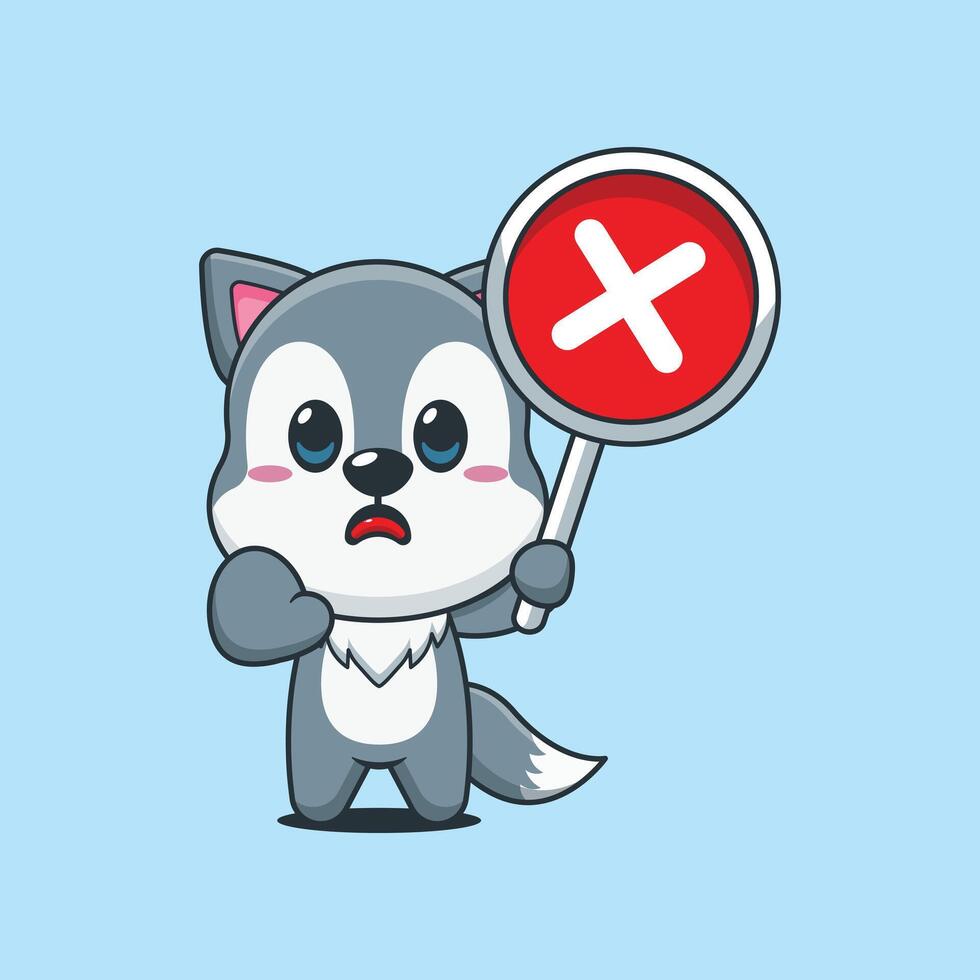 Cute wolf cartoon illustration with wrong sign vector