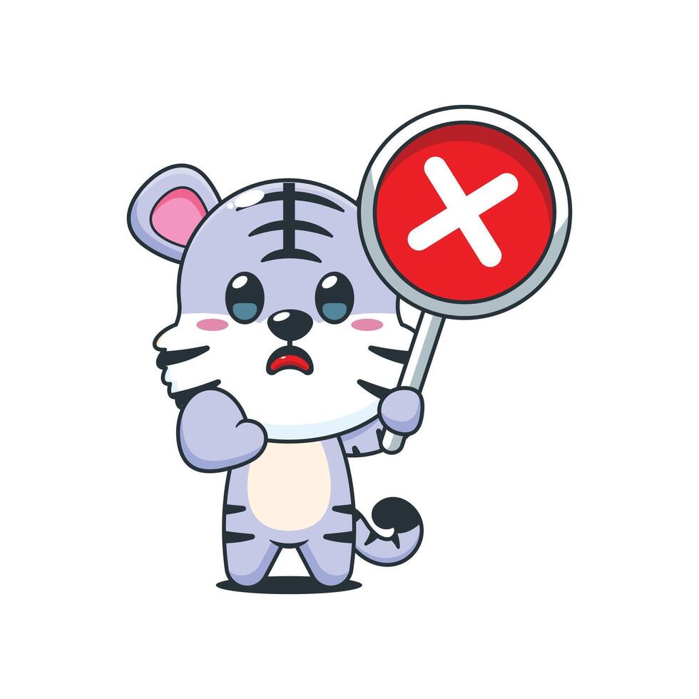 Cute white tiger cartoon illustration with wrong sign vector