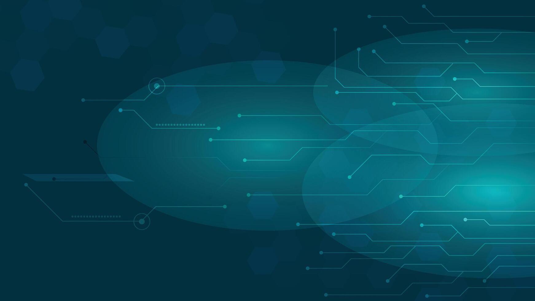 Abstract tech background featuring blue circuit lines and hexagon shapes with a glowing gradient effect perfect for digital themes and innovation presentations. vector