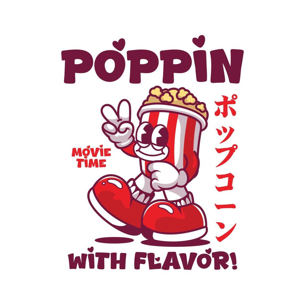 Cartoon popcorn bucket groovy character. Isolated lively psychedelic food personage with funky smile vector