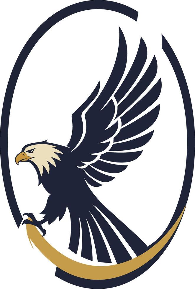 Eagle with outstretched wings holding curved golden branch in an oval frame illustration vector