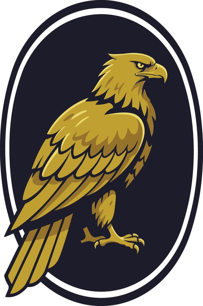 Golden eagle bird emblem logo design in dark oval frame illustration for wildlife and nature branding vector
