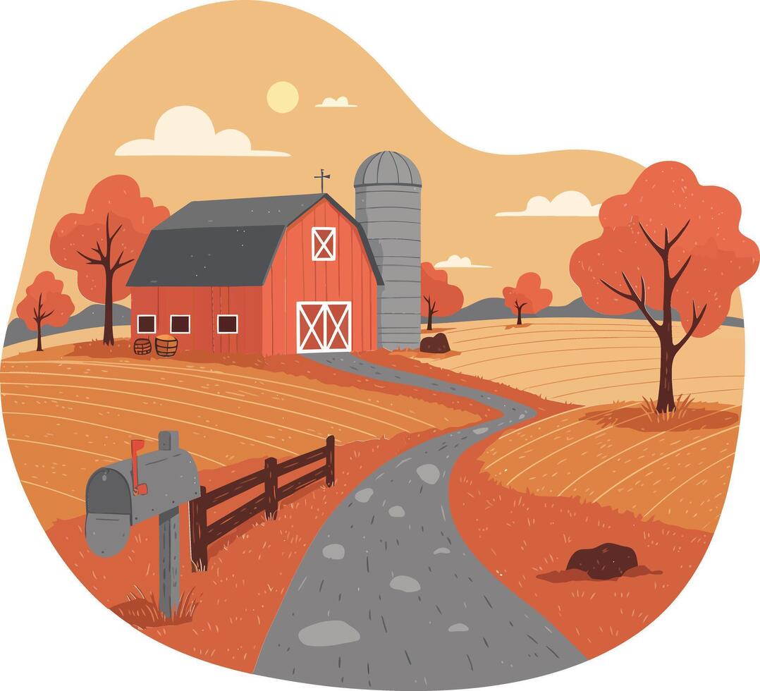 Autumn countryside farm landscape with red barn silo and mailbox illustration in warm orange tones vector