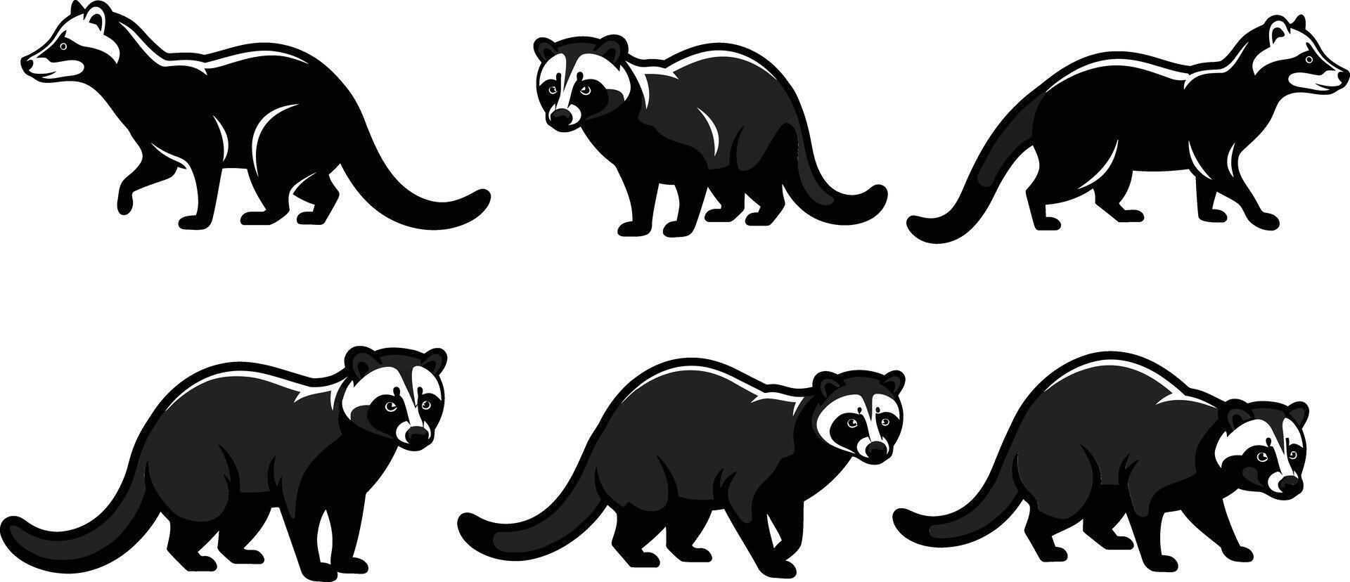 Badger animal silhouettes set in black and white illustration with various poses and body angles vector