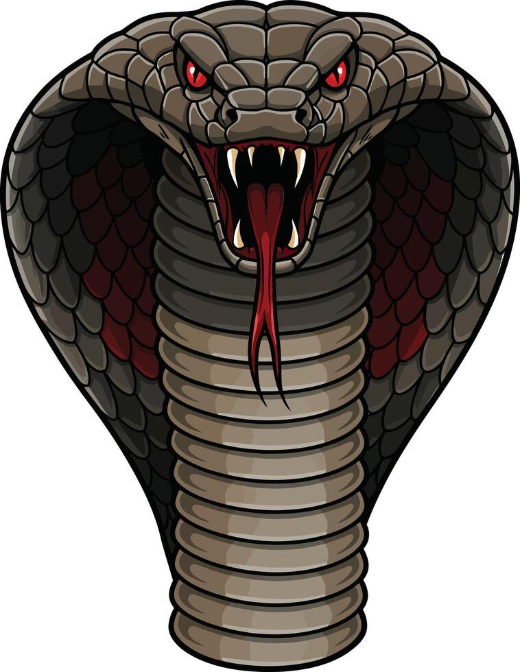 Cobra snake with menacing open mouth and red eyes in detailed cartoon style illustration vector