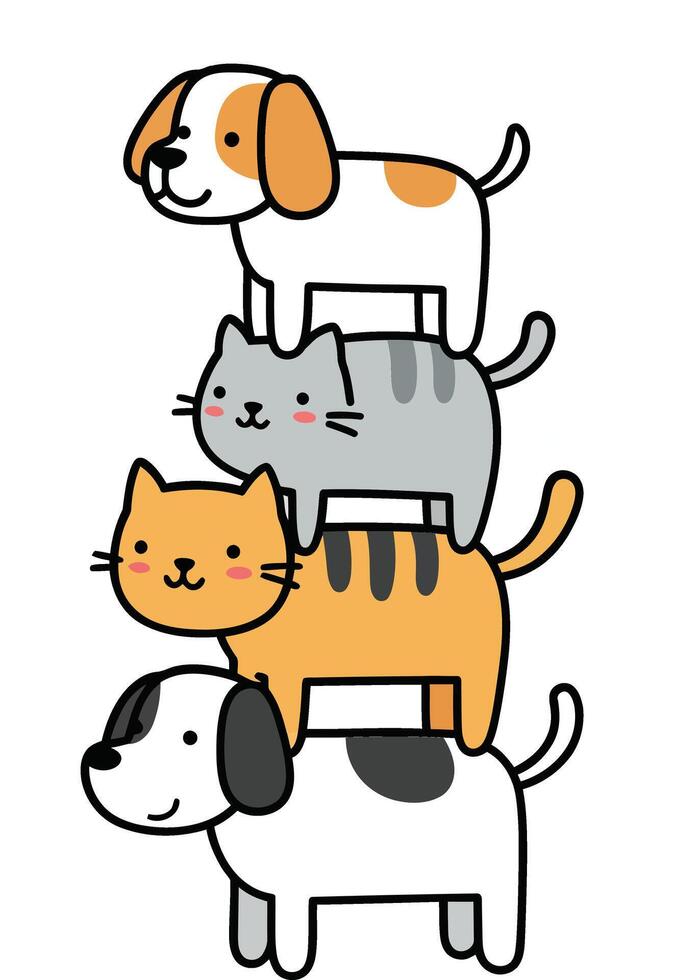 Stack of four adorable pets including two dogs and two cats in playful cartoon style for children and pet lovers vector
