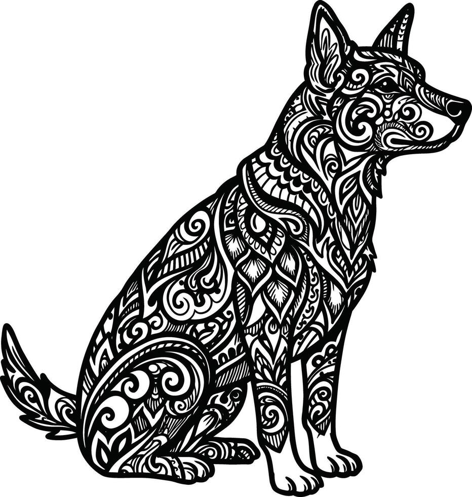Sitting dog silhouette with intricate tribal style patterns and detailed decorative elements artwork vector