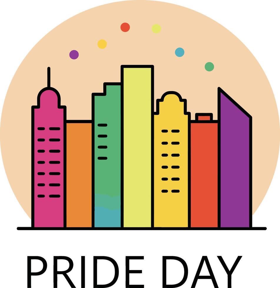 Pride Day colorful city skyline with rainbow dots celebration illustration for LGBTQ community support and diversity awareness vector