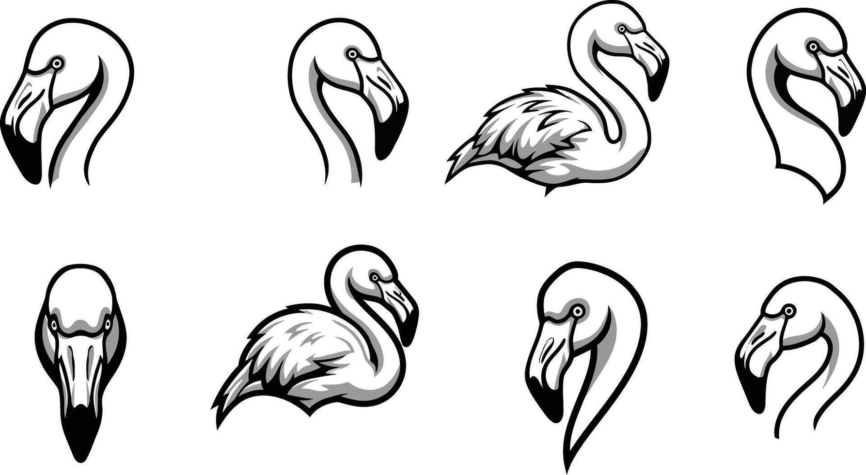 Flamingo bird head silhouettes set with heart shape outline illustration of graceful aquatic birds vector
