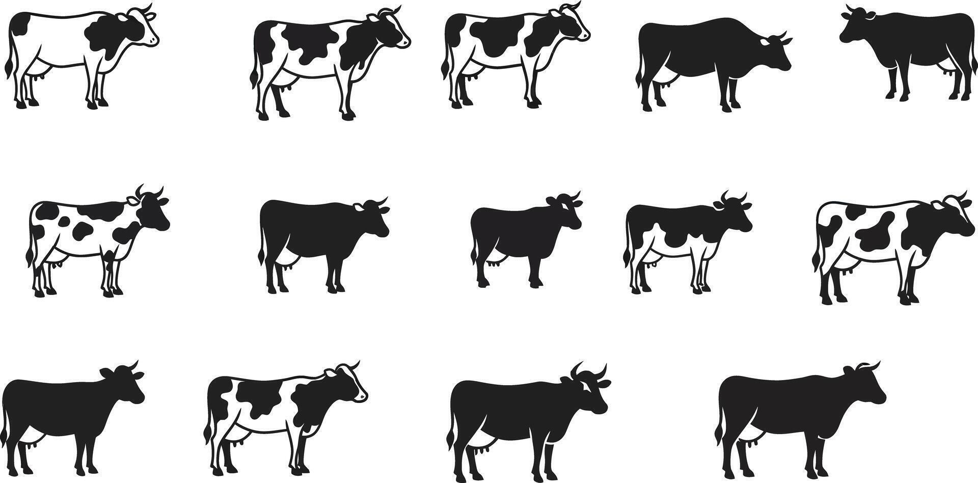 Cow silhouettes in various poses black and white collection for farm animal design elements vector